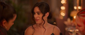 Movie still from “Making It Up” (2023), directed by Guillermo Calderón – A person wearing a dress; Close Up shot, Over the shoulder angle