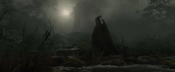 Movie still from “Maleficent” (2014), directed by Robert Stromberg – An image of an evil witch in the woods at night; Wide shot, Over the shoulder angle