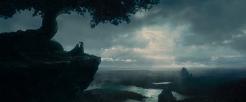 Movie still from “Maleficent” (2014), directed by Robert Stromberg – A bird sitting on top of a rock near a body of water; Extreme Wide shot, Low angle