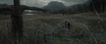 Movie still from “Maleficent” (2014), directed by Robert Stromberg – A person standing in a grassy field near a tree; Extreme Wide shot, High angle