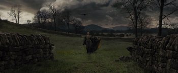 Movie still from “Maleficent” (2014), directed by Robert Stromberg – A woman in a costume walking in a field; Extreme Wide shot, Low angle