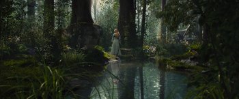 Movie still from “Maleficent” (2014), directed by Robert Stromberg – A woman is standing in the woods near a pond; Wide shot, High angle