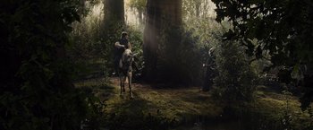 Movie still from “Maleficent” (2014), directed by Robert Stromberg – A man riding a horse in the middle of a forest; Wide shot, High angle