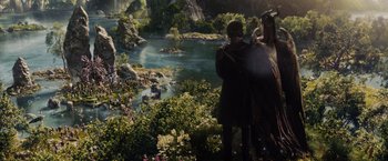 Movie still from “Maleficent” (2014), directed by Robert Stromberg – Two people looking out over a river in the middle of a forest; Extreme Wide shot, High angle