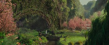 Movie still from “Maleficent: Mistress of Evil” (2019), directed by Joachim Rønning – A man standing next to a tree near a river; Extreme Wide shot, High angle