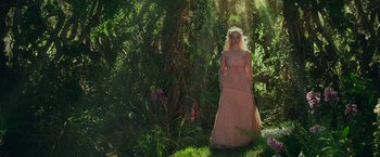 Movie still from “Maleficent: Mistress of Evil” (2019), directed by Joachim Rønning – A woman in a pink dress standing in the woods; Wide shot, Low angle