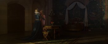 Movie still from “Maleficent: Mistress of Evil” (2019), directed by Joachim Rønning – A painting of two people in a room; Wide shot, Over the shoulder angle