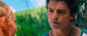 Movie still from “Mamma Mia!” (2008), directed by Phyllida Lloyd – A man's face with trees in the background; Close Up shot, Over the shoulder angle