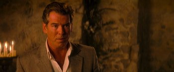 Movie still from “Mamma Mia!” (2008), directed by Phyllida Lloyd – Pierce brosnan wearing a suit; Close Up shot, Over the shoulder angle