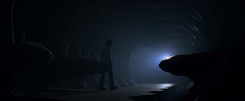 Movie still from “Man of Steel” (2013), directed by Zack Snyder – A man standing in a dark room next to a car; Extreme Wide shot, Low angle