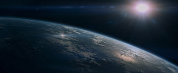 Movie still from “Man of Steel” (2013), directed by Zack Snyder – A view of the earth taken from the space shuttle; Extreme Wide shot, High angle