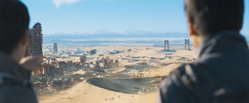 Movie still from “Maze Runner: The Scorch Trials” (2015), directed by Wes Ball – An aerial view of an industrial area in the middle of the desert; Extreme Wide shot, High angle
