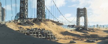 Movie still from “Maze Runner: The Scorch Trials” (2015), directed by Wes Ball – An abandoned area in the middle of the desert; Extreme Wide shot, Low angle