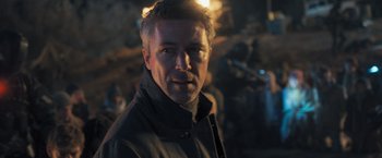 Movie still from “Maze Runner: The Scorch Trials” (2015), directed by Wes Ball – A person wearing a jacket; Close Up shot, Over the shoulder angle