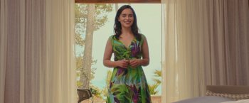 Movie still from “Me Before You” (2016), directed by Thea Sharrock – A woman in a green dress standing in front of a window; Medium shot, Over the shoulder angle
