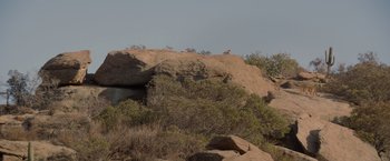 Movie still from “Me Time” (2022), directed by John Hamburg – A cat sitting on top of a large rock in a field; Extreme Wide shot, High angle