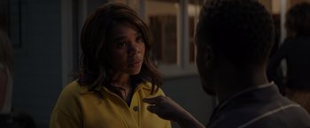 Movie still from “Me Time” (2022), directed by John Hamburg – A woman in a yellow jacket talking to a man in a black shirt; Close Up shot, Over the shoulder angle