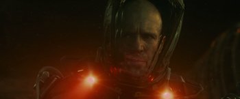 Movie still from “Meg 2: The Trench” (2023), directed by Ben Wheatley – A person wearing a helmet; Close Up shot, Low angle