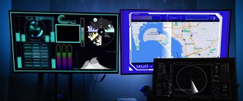 Movie still from “Megalodon Rising” (2021), directed by Brian Nowak – Two computer monitors are on a blue wall; Extreme Wide shot, Over the shoulder angle