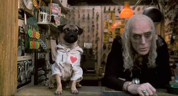 Movie still from “Men in Black” (1997), directed by Barry Sonnenfeld – A pug dog sitting on top of a counter next to a person; Medium shot, Over the shoulder angle