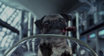 Movie still from “Men in Black II” (2002), directed by Barry Sonnenfeld – A dog with a cigar in its mouth; Close Up shot, Low angle