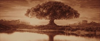 Movie still from “Midway” (2019), directed by Roland Emmerich – An old photo of a tree near a body of water; Extreme Wide shot, High angle