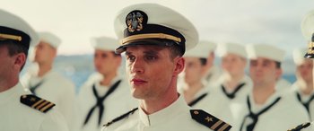 Movie still from “Midway” (2019), directed by Roland Emmerich – A group of men in uniforms are standing in formation; Close Up shot, Low angle