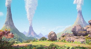 Movie still from “Minions” (2015), directed by Pierre Coffin – An artistic painting of a mountain with smoke billowing out of it; Extreme Wide shot, Low angle