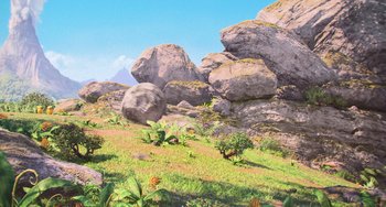 Movie still from “Minions” (2015), directed by Pierre Coffin – An image of an outdoor scene with rocks and plants; Extreme Wide shot, High angle