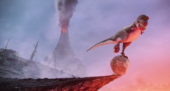 Movie still from “Minions” (2015), directed by Pierre Coffin – An image of a dinosaur that is on a rock; Extreme Wide shot, Low angle