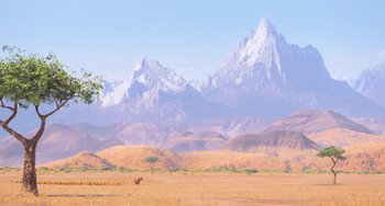 Movie still from “Minions” (2015), directed by Pierre Coffin – An image of an animal that is in the middle of the desert; Extreme Wide shot, Low angle