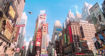 Movie still from “Minions” (2015), directed by Pierre Coffin – A view of a city street with a lot of buildings; Extreme Wide shot, Low angle