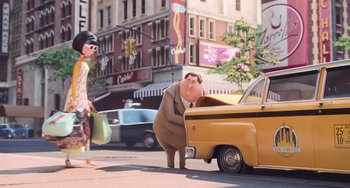 Movie still from “Minions” (2015), directed by Pierre Coffin – A cartoon of a man leaning on a yellow taxi cab; Wide shot, Over the shoulder angle