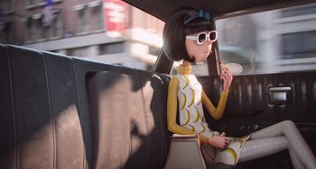 Movie still from “Minions” (2015), directed by Pierre Coffin – A woman sitting in the back seat of a car; Medium shot, Over the shoulder angle