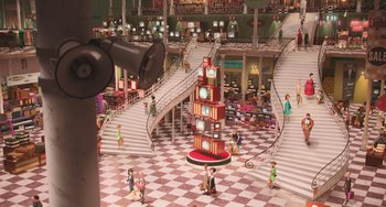 Movie still from “Minions” (2015), directed by Pierre Coffin – An animated scene of people walking around in a mall; Extreme Wide shot, High angle