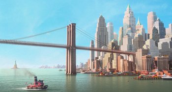 Movie still from “Minions” (2015), directed by Pierre Coffin – A painting of the brooklyn bridge in new york city; Extreme Wide shot, High angle