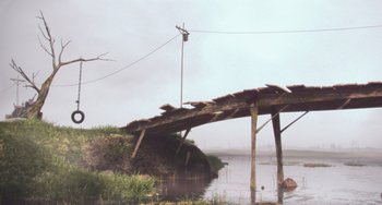 Movie still from “Minions” (2015), directed by Pierre Coffin – A bridge over a body of water near a body of water; Extreme Wide shot, Low angle
