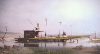 Movie still from “Minions” (2015), directed by Pierre Coffin – An oil rig sits in the middle of a flooded area; Extreme Wide shot, Low angle