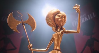 Movie still from “Minions” (2015), directed by Pierre Coffin – A statue of a woman holding an axe in her hand; Extreme Close Up shot, Low angle