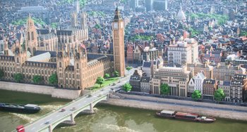Movie still from “Minions” (2015), directed by Pierre Coffin – An aerial view of a city with a bridge and buildings; Extreme Wide shot, High angle
