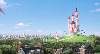 Movie still from “Minions” (2015), directed by Pierre Coffin – An artistic rendering of a castle in the middle of a city; Extreme Wide shot, Low angle