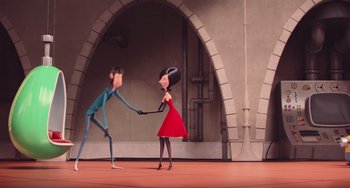 Movie still from “Minions” (2015), directed by Pierre Coffin – A couple of people that are dancing on a stage; Wide shot, Over the shoulder angle