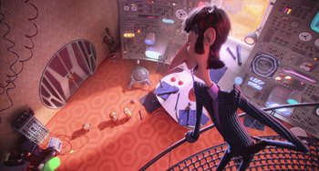 Movie still from “Minions” (2015), directed by Pierre Coffin – An animated scene of a person in a room with many objects; Wide shot, High angle