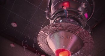 Movie still from “Minions” (2015), directed by Pierre Coffin – An animated person standing on top of a building; Extreme Wide shot, Overhead angle