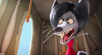 Movie still from “Minions” (2015), directed by Pierre Coffin – The head of a character in a cartoon; Close Up shot, Over the shoulder angle