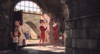 Movie still from “Minions” (2015), directed by Pierre Coffin – A couple of men in red uniforms standing next to each other in front of a stone wall; Wide shot, Over the shoulder angle