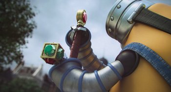 Movie still from “Minions” (2015), directed by Pierre Coffin – View of a metal pipe with an object on it; Extreme Close Up shot, High angle