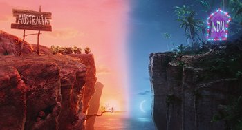 Movie still from “Minions” (2015), directed by Pierre Coffin – A split image of a cliff and a cliff with a sunset in the background; Extreme Wide shot, Overhead angle