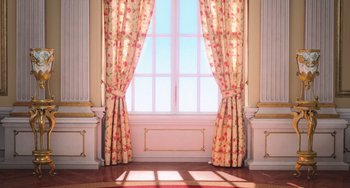 Movie still from “Minions” (2015), directed by Pierre Coffin – A room with a large window and a wooden floor; Extreme Wide shot, Low angle