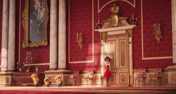 Movie still from “Minions” (2015), directed by Pierre Coffin – A woman in a red dress standing in front of a door; Extreme Wide shot, Low angle